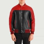 Red and black leather varsity jacket