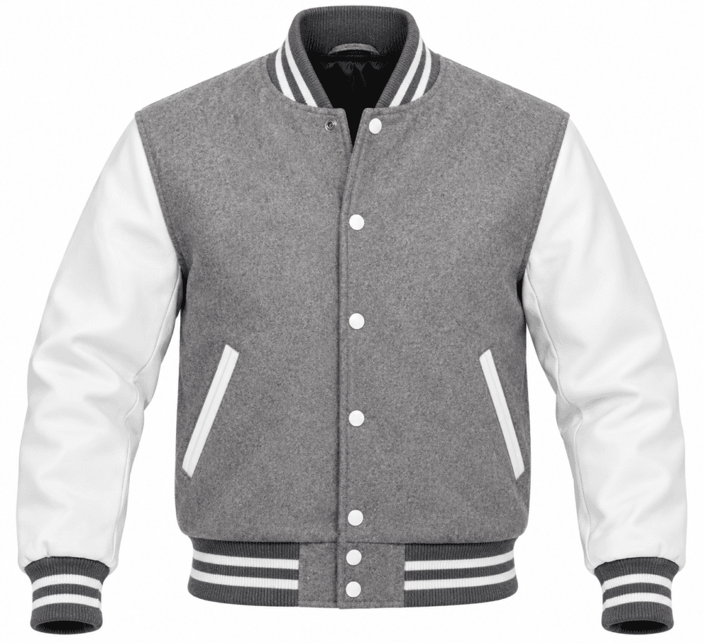 Grey and white varsity jacket with striped ribbed trim and white sleeves