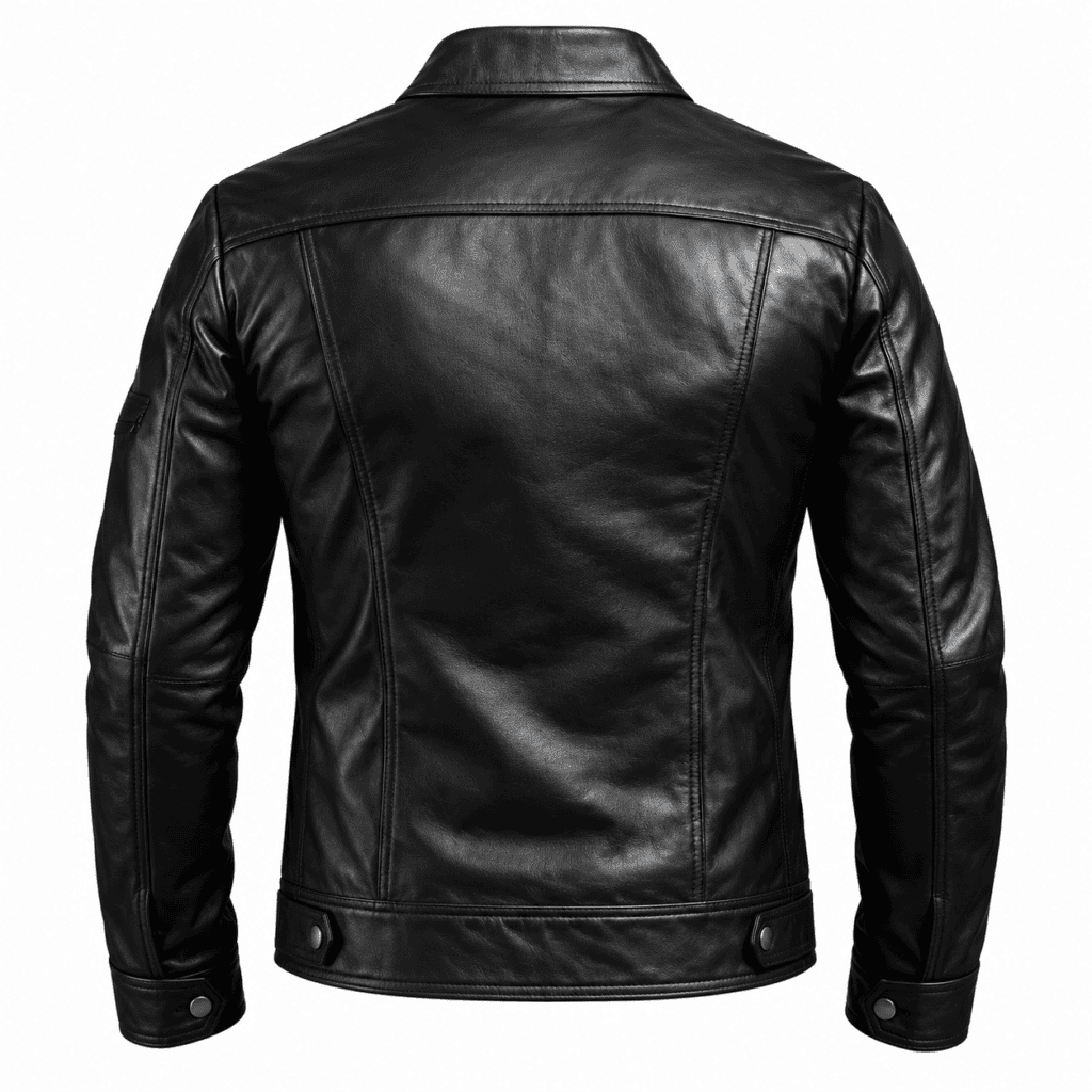 Back view of black leather jacket with stitched panels and adjustable waist tabs