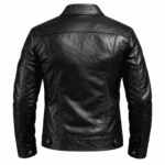 Back view of black leather jacket with stitched panels and adjustable waist tabs