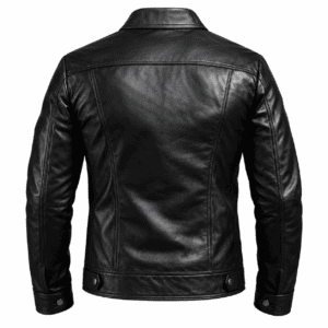 Back view of black leather jacket with stitched panels and adjustable waist tabs