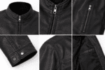 Black Stand Collar Leather Jacket with Zipper Pockets - Image 2