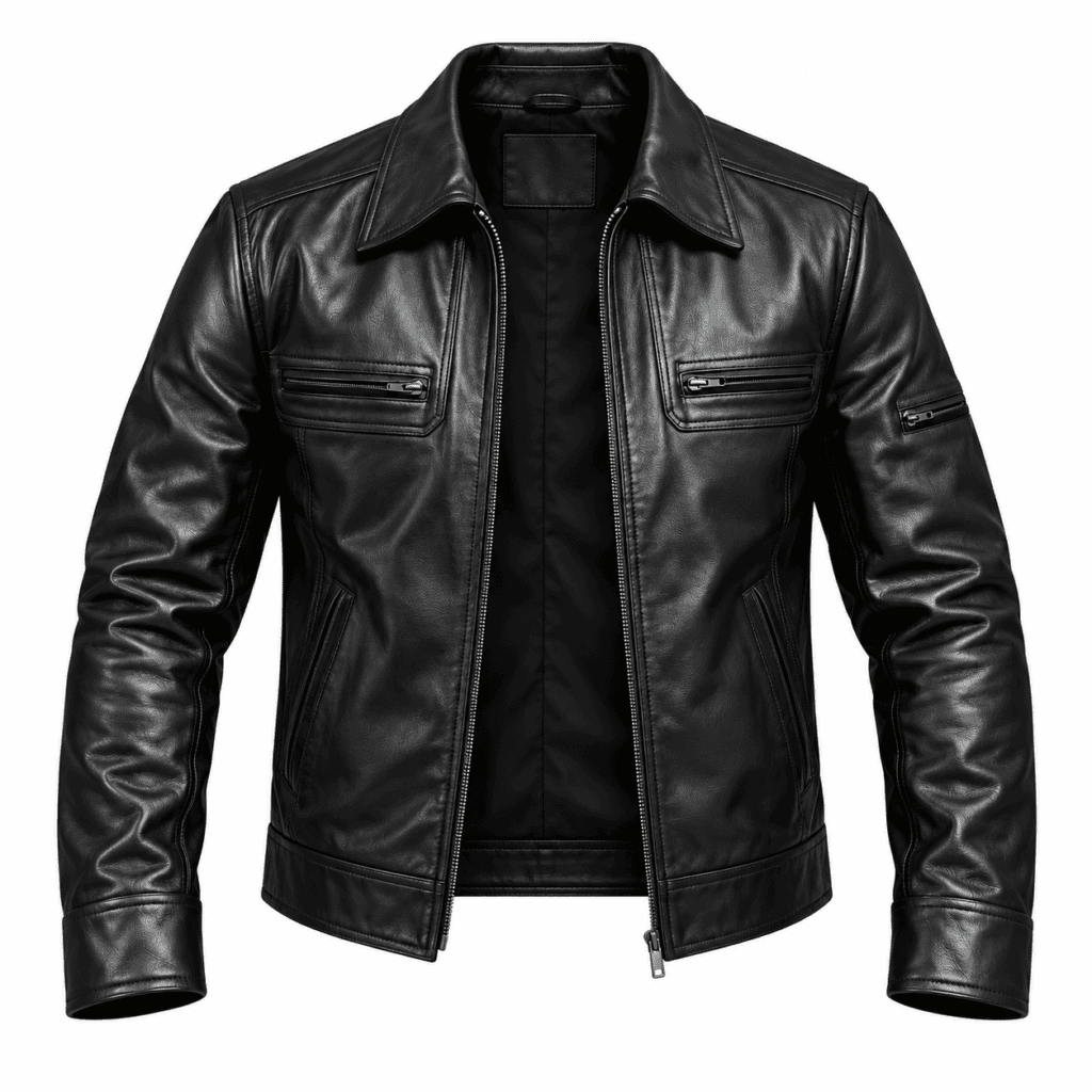 Black leather jacket with pointed collar and zippered chest pockets