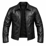 Black leather jacket with pointed collar and zippered chest pockets