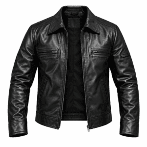 Black leather jacket with pointed collar and zippered chest pockets