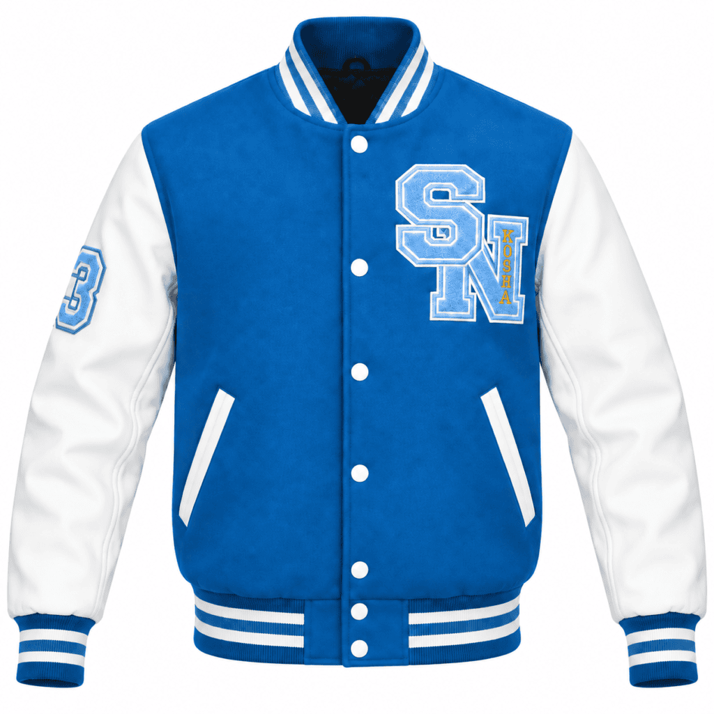 Blue and white embroidered varsity jacket with white sleeves and varsity patches