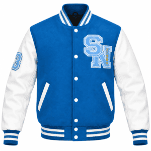 Blue and white embroidered varsity jacket with white sleeves and varsity patches