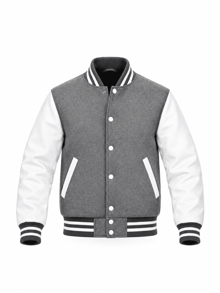 Gray and white varsity jacket with striped ribbed collar, cuffs, hem, snap buttons and angled pockets