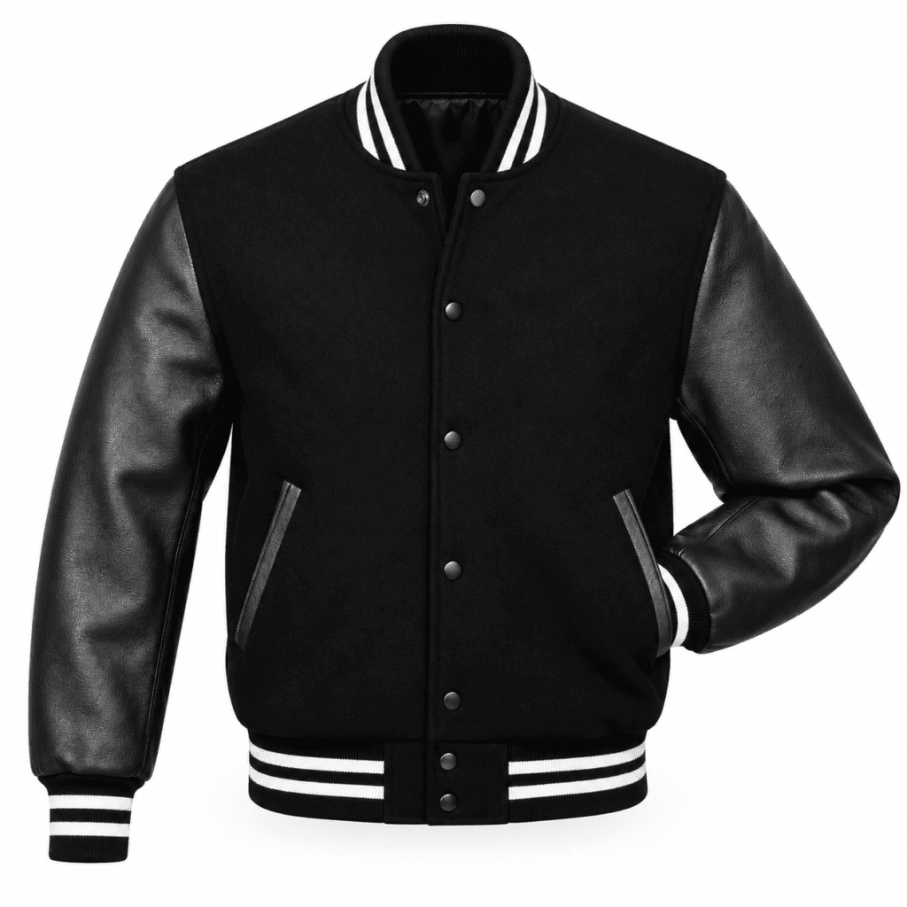 Black varsity jacket with leather sleeves and striped ribbed trim