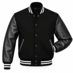 Black varsity jacket with leather sleeves and striped ribbed trim