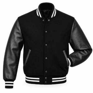 Black varsity jacket with leather sleeves and striped ribbed trim