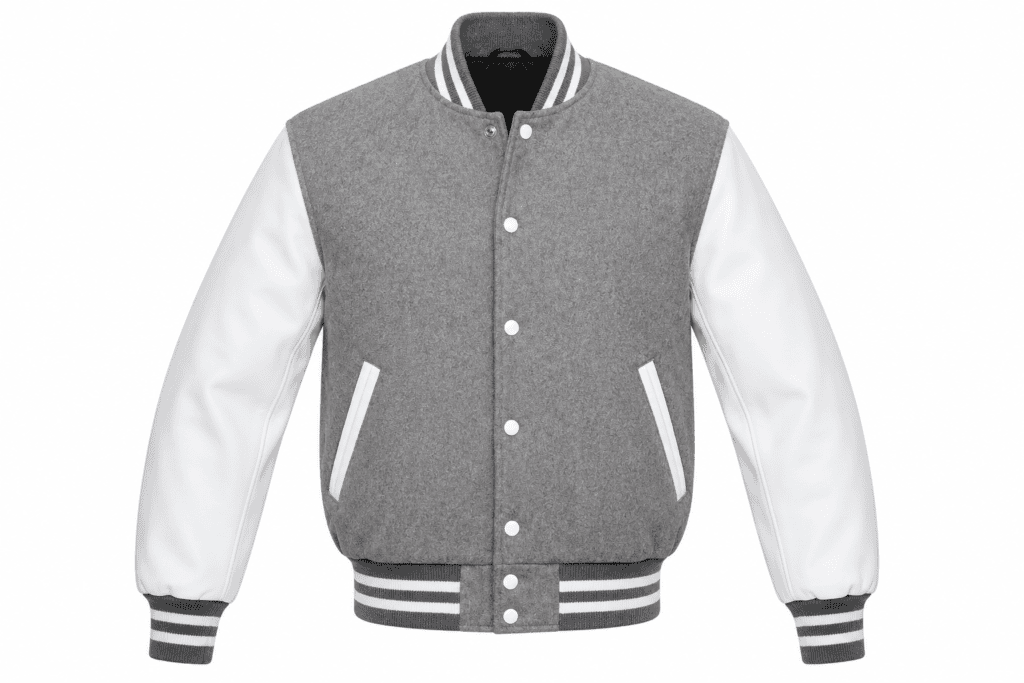 Grey and white varsity jacket with striped ribbed trim and white sleeves