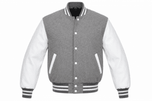 Grey and white varsity jacket with striped ribbed trim and white sleeves