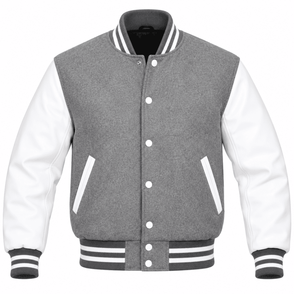 Grey and white varsity jacket with striped ribbed trim and white sleeves