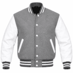Grey and white varsity jacket with striped ribbed trim and white sleeves