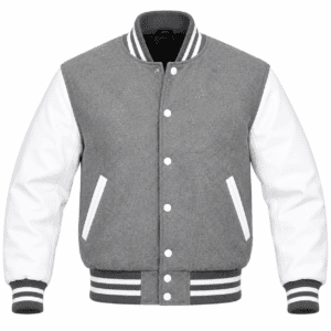 Grey and white varsity jacket with striped ribbed trim and white sleeves