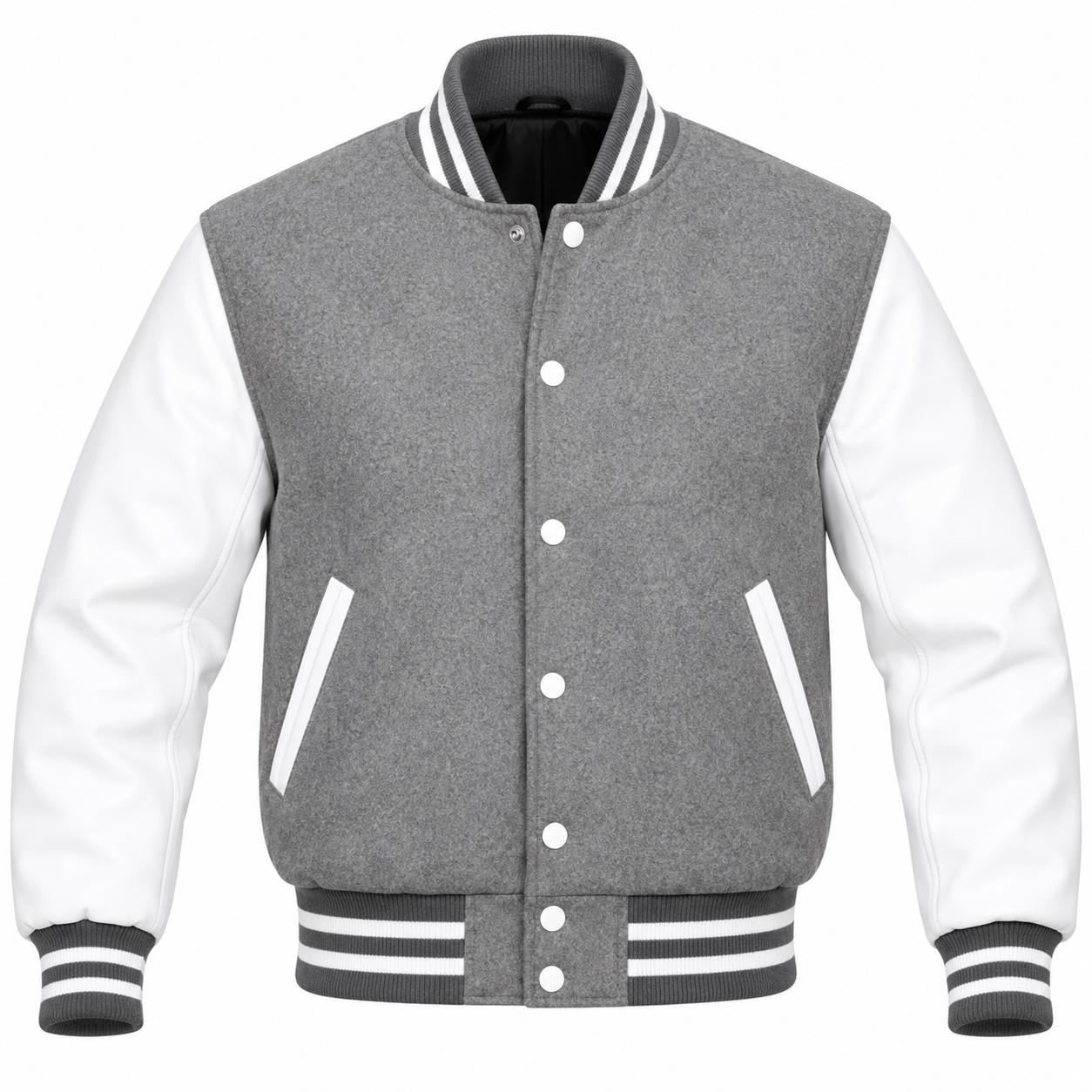 Grey and White Varsity Jacket Grey and white varsity jacket with striped ribbed trim and white sleeves