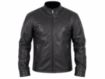Black leather jacket with stand-up collar, front zipper, and zippered side pockets