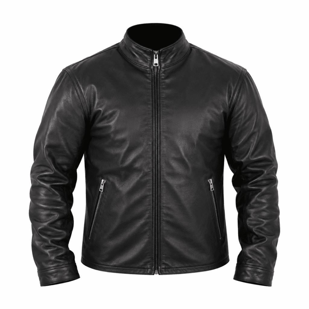 Black leather jacket with stand-up collar, front zipper, and zippered side pockets