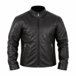 Black leather jacket with stand-up collar, front zipper, and zippered side pockets