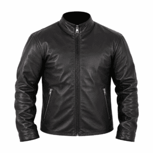 Black leather jacket with stand-up collar, front zipper, and zippered side pockets