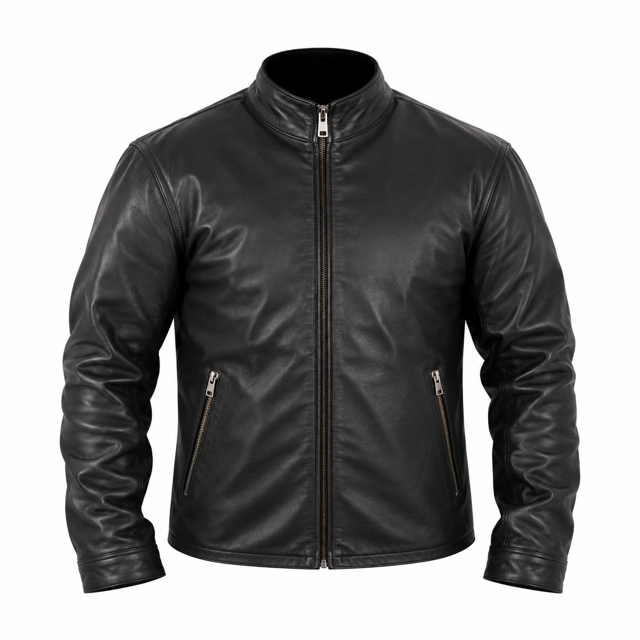 Minimalist Black Leather Jacket Product Shot Black leather jacket with stand-up collar, front zipper, and zippered side pockets