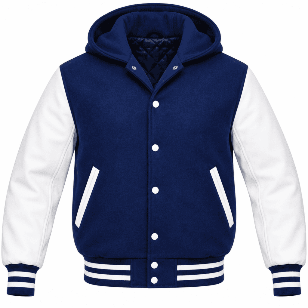 Navy blue and white hooded varsity jacket with contrasting sleeves and striped ribbing