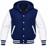 Navy blue and white hooded varsity jacket with contrasting sleeves and striped ribbing