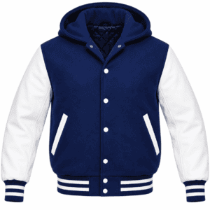 Navy blue and white hooded varsity jacket with contrasting sleeves and striped ribbing