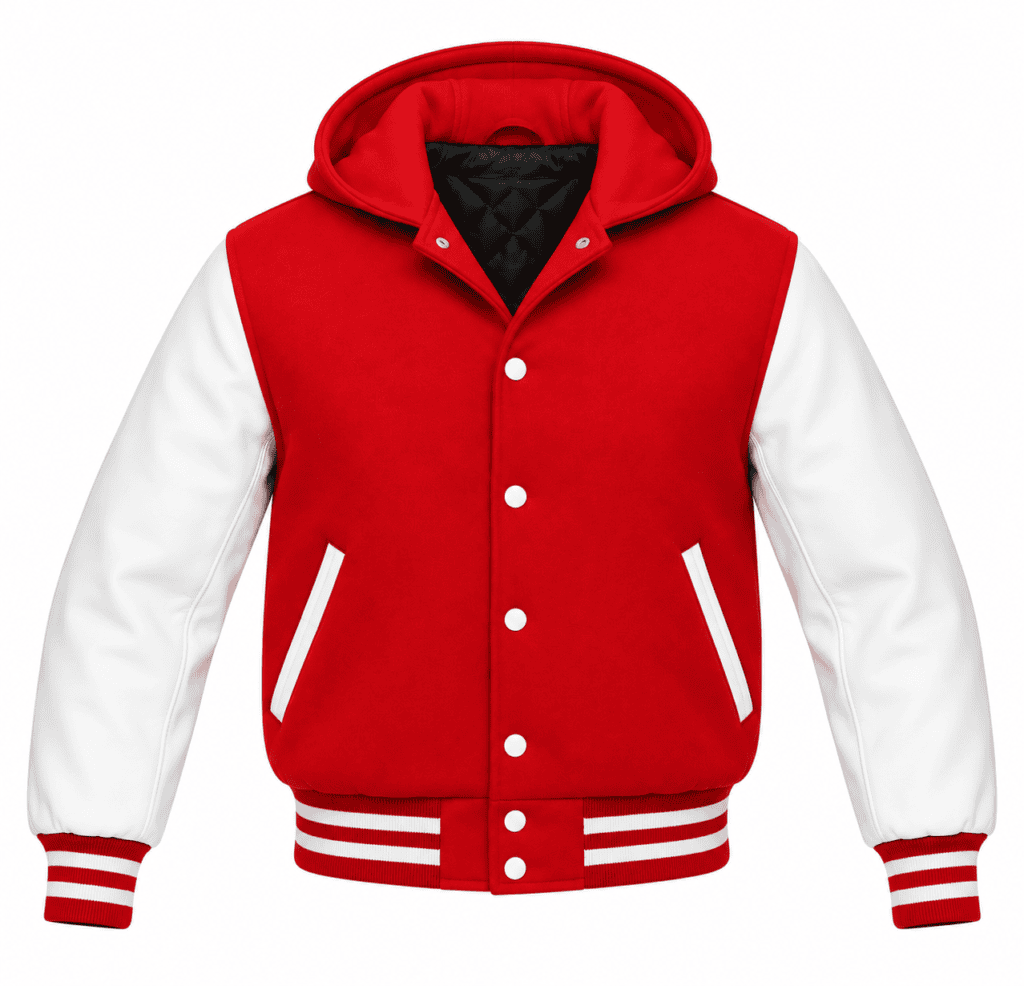 Red and white hooded varsity jacket with contrasting sleeves and striped ribbing