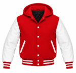 Red and white hooded varsity jacket with contrasting sleeves and striped ribbing