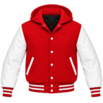 Red and white hooded varsity jacket with contrasting sleeves and striped ribbing