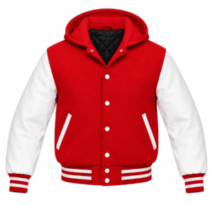 Red and white hooded varsity jacket with contrasting sleeves and striped ribbing